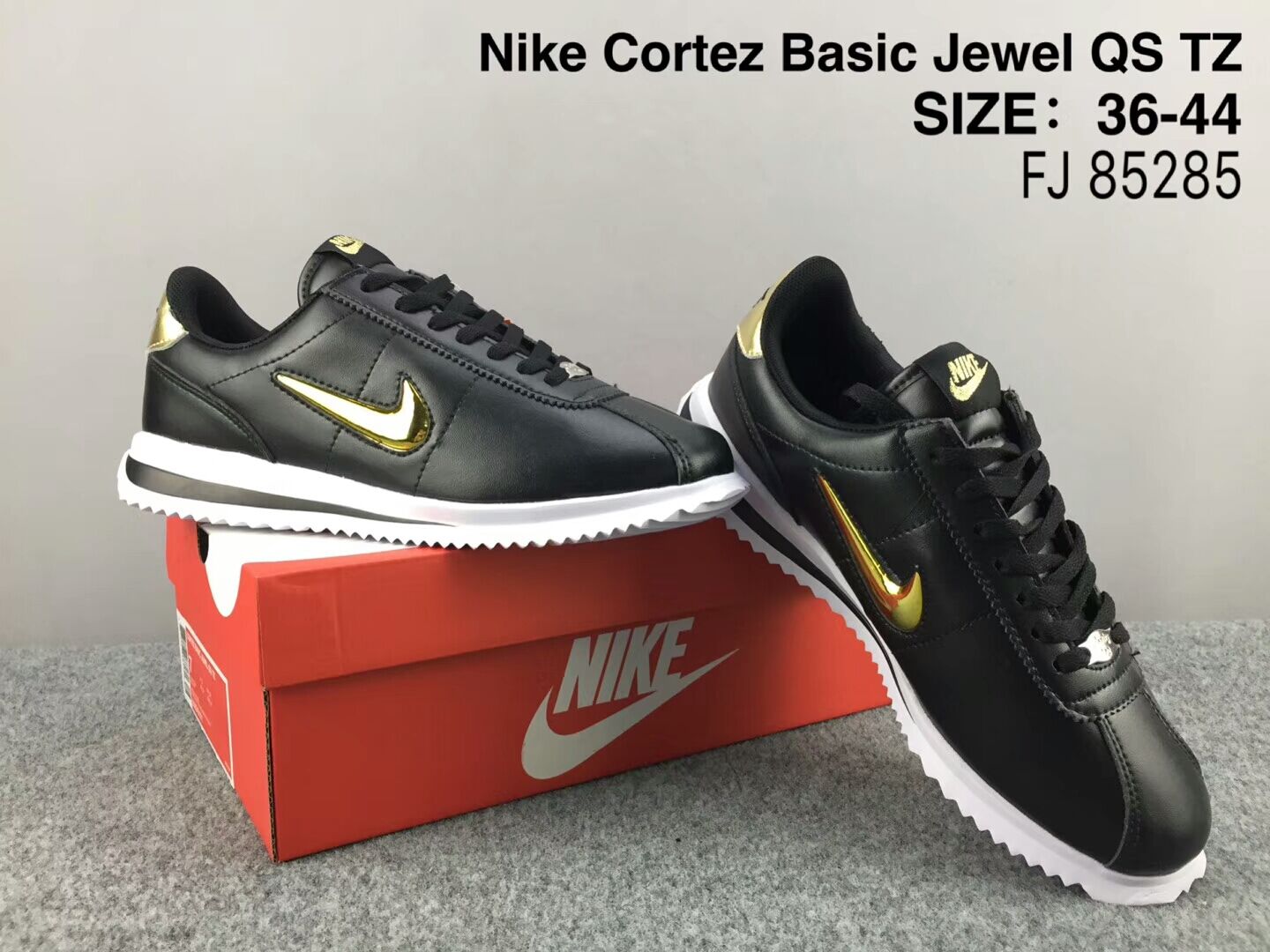 NiKe Cortez Basic Jewel QS TZ Black Gold Shoes - Click Image to Close